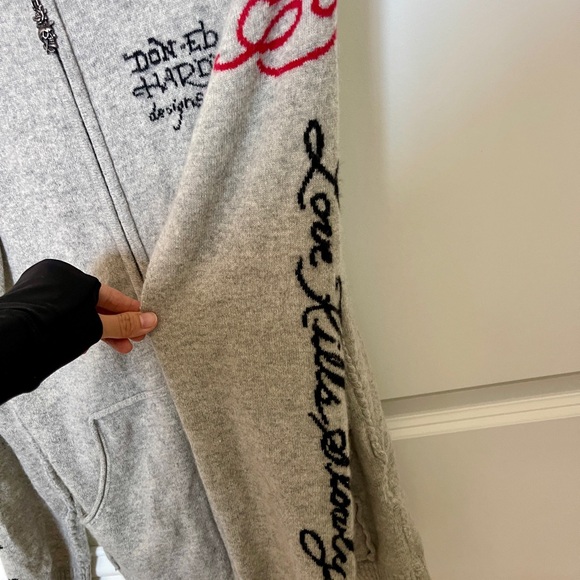 Vintage Ed Hardy Cashmere Light Gray Hoodie with Silver Zipper - Picture 4 of 10